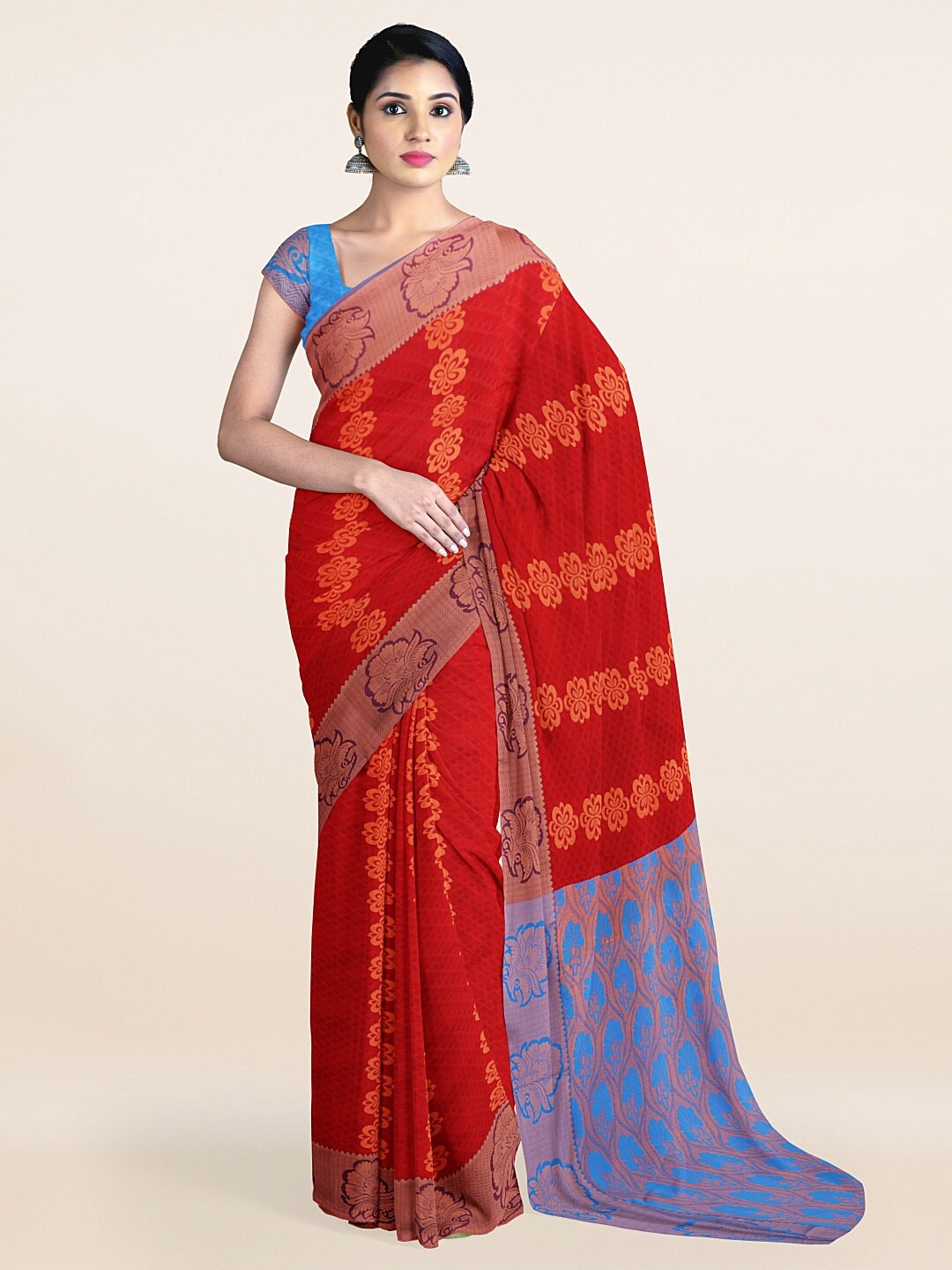 

Pothys Maroon & Blue Ethnic Motifs Woven Design Saree