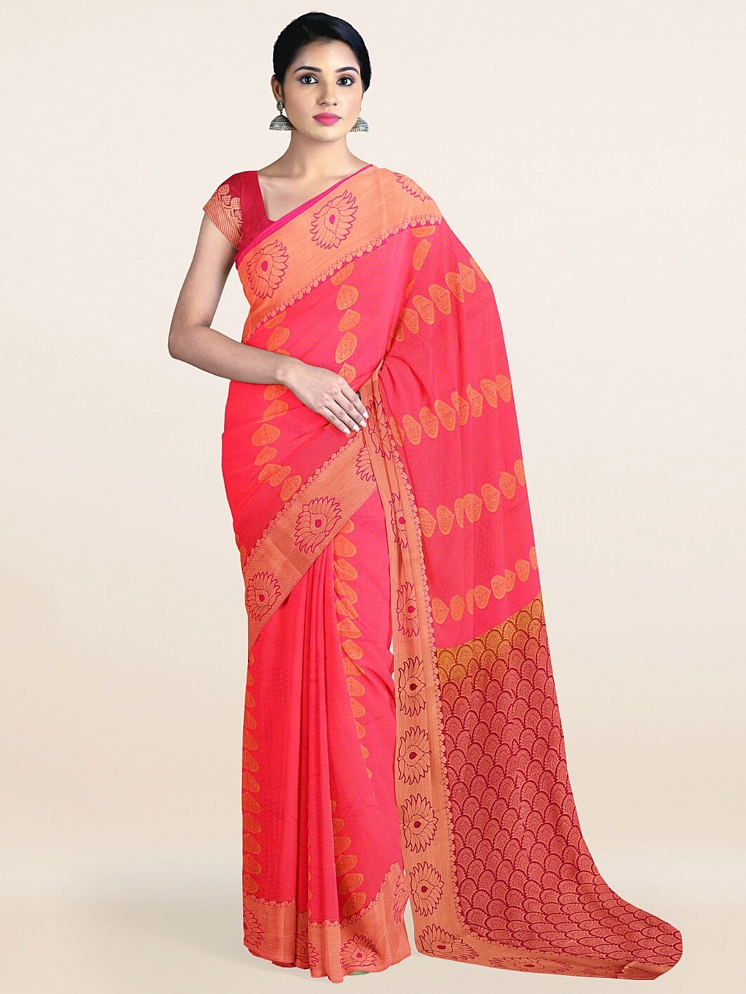 

Pothys Pink & Copper-Toned Ethnic Motifs Art Silk Saree