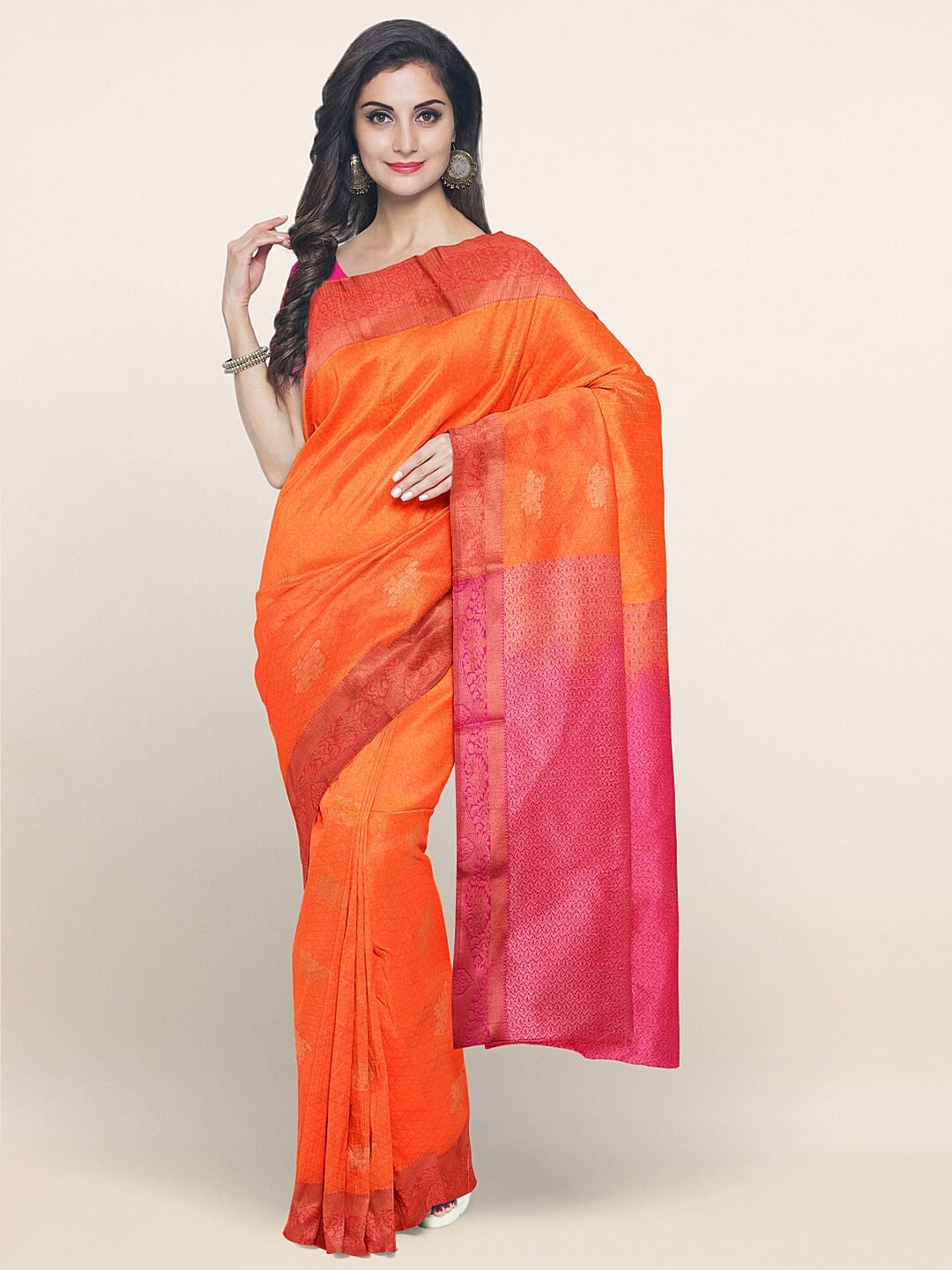 

Pothys Orange & Magenta Floral Zari Art Silk Saree