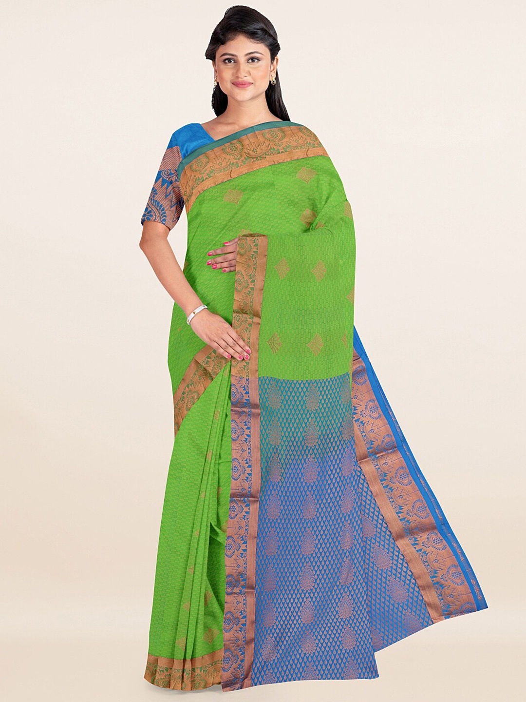 

Pothys Green & Blue Gold-Toned Floral Woven Design Saree