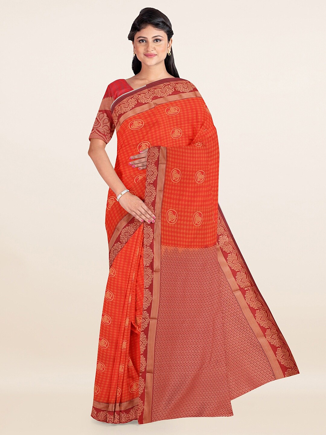 

Pothys Orange & Gold-Toned Ethnic Motifs Zari Art Silk Saree