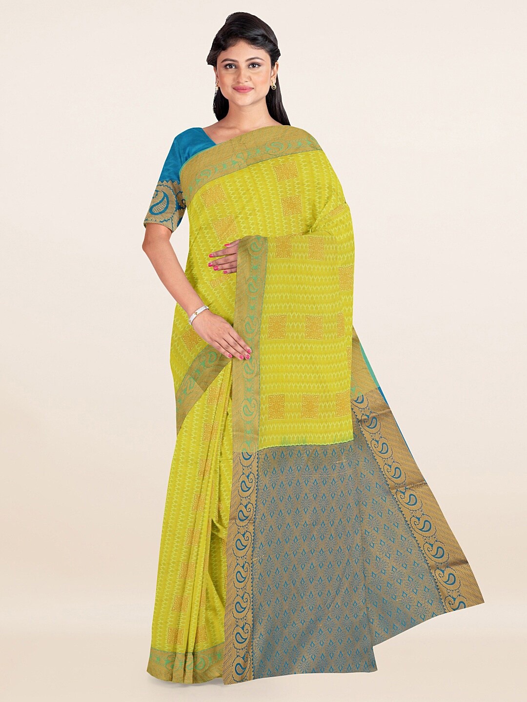 

Pothys Lime Green & Copper Ethnic Motifs Art Silk Saree