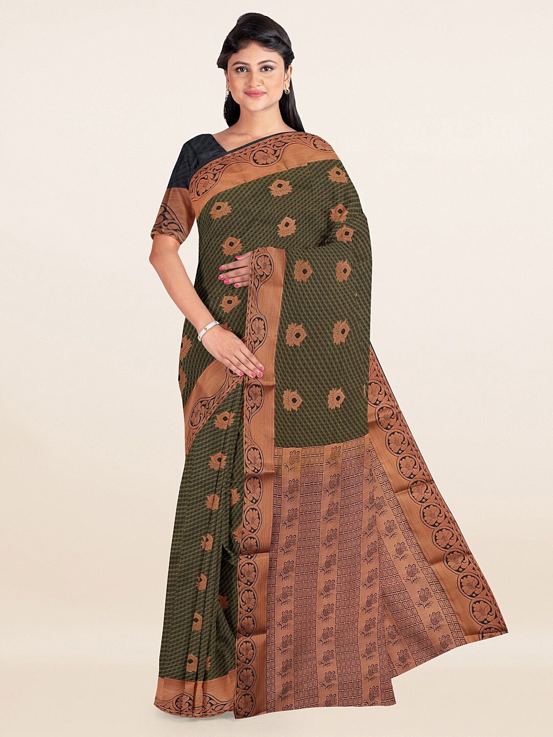

Pothys Green & Copper-Toned Ethnic Motifs Art Silk Saree