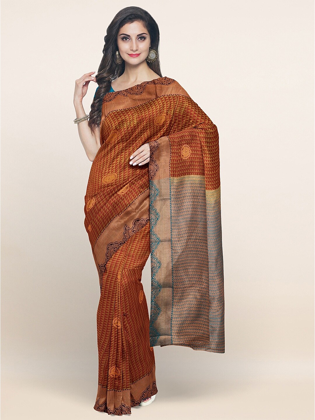 

Pothys Copper-Toned & Blue Floral Zari Art Silk Saree