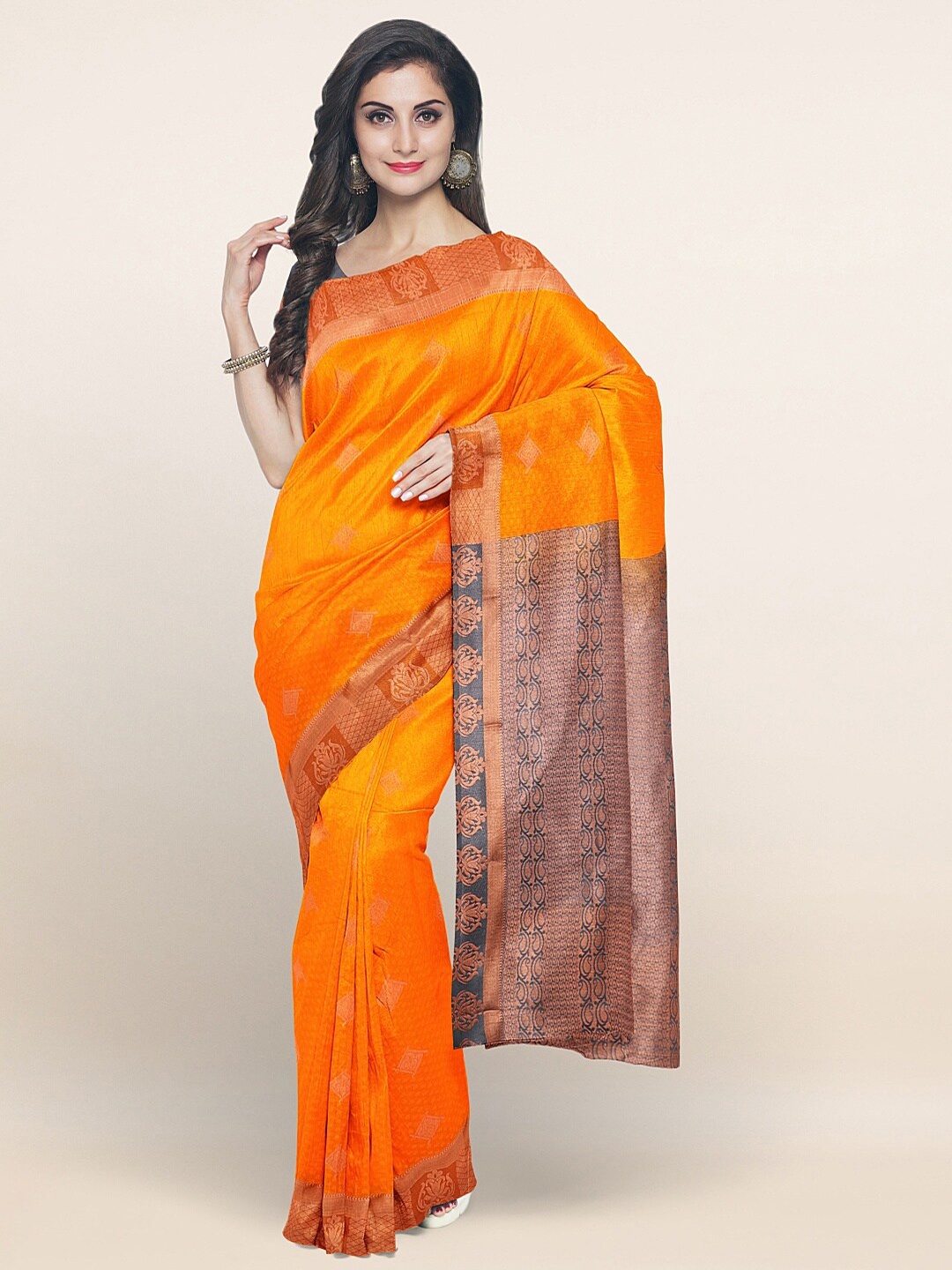 

Pothys Orange & Grey Copper-Toned Abstract Woven Design Saree