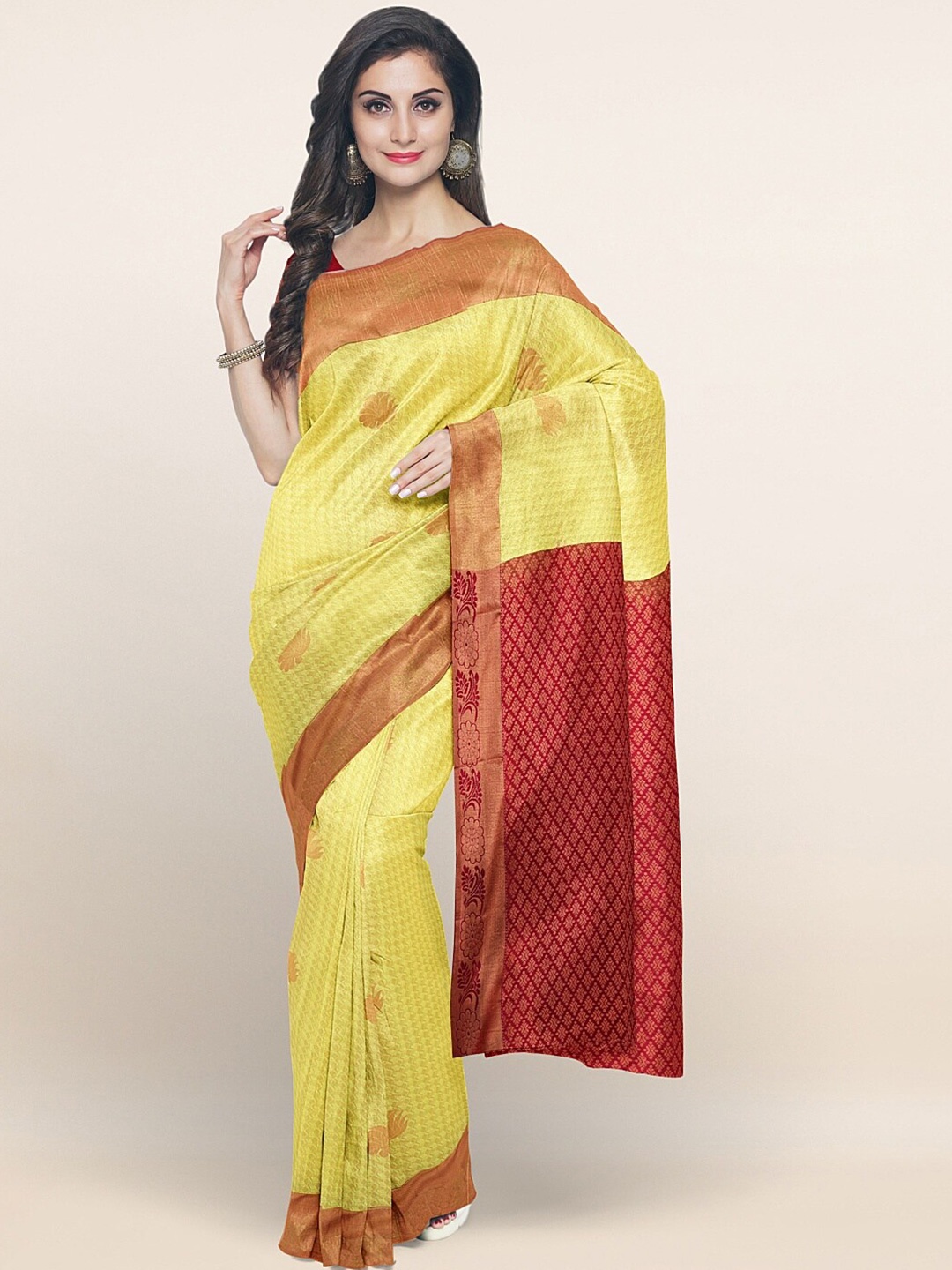 

Pothys Yellow & Maroon Ethnic Motifs Zari Art Silk Saree