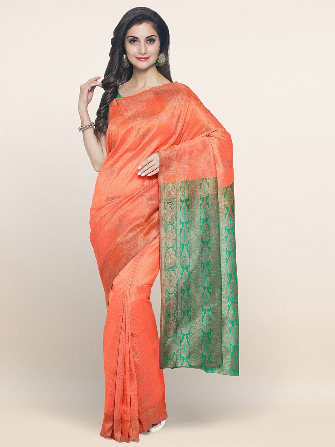 

Pothys Peach-Coloured & Green Ethnic Motifs Woven Design Saree