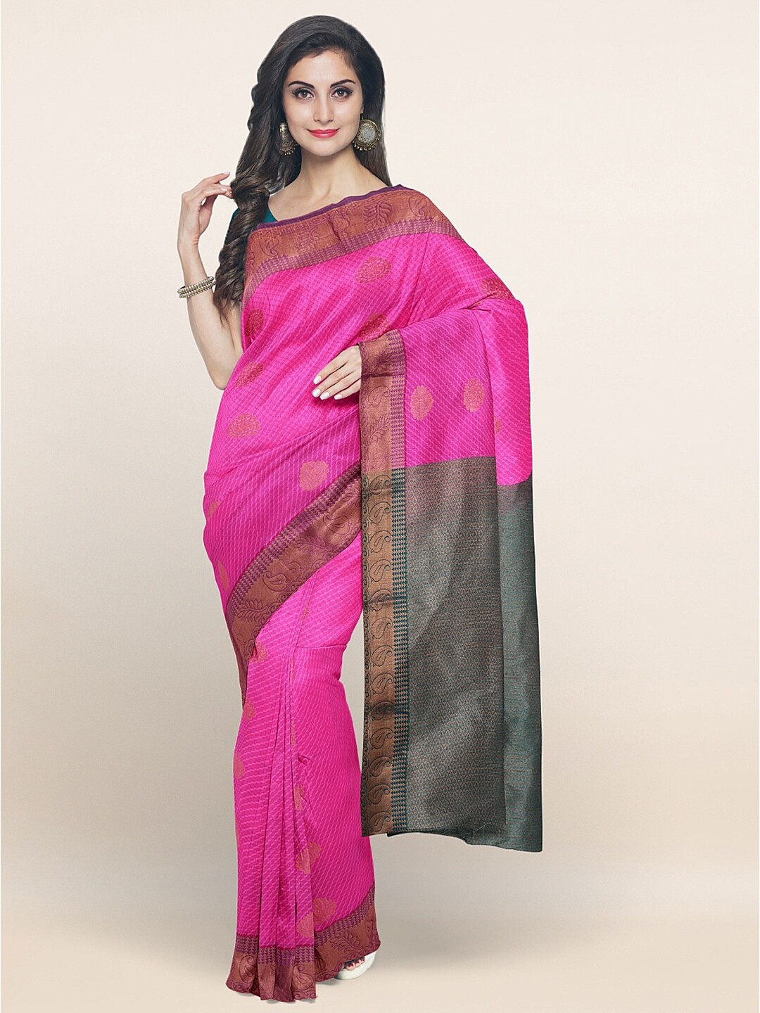 

Pothys Pink & Green Gold-Toned Ethnic Motifs Woven Design Saree