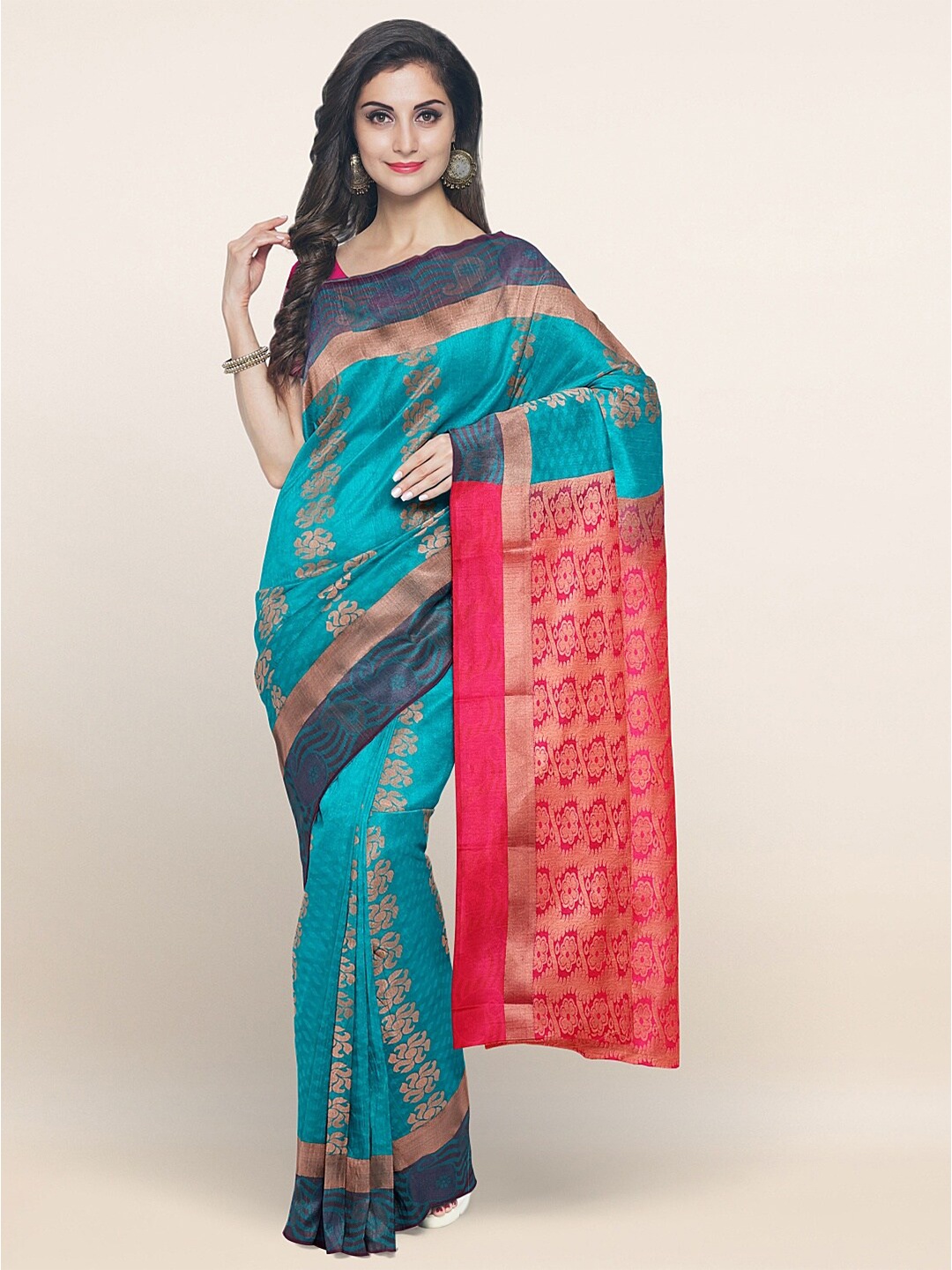 

Pothys Turquoise Blue & Golden Ethnic Motifs Art Silk Saree