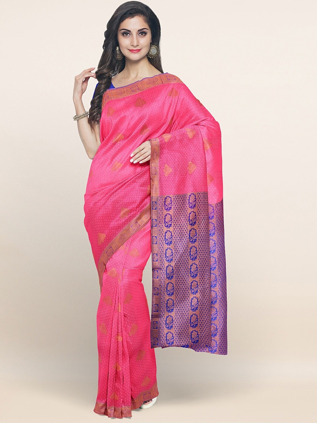 

Pothys Pink & Blue Floral Zari Art Silk Saree
