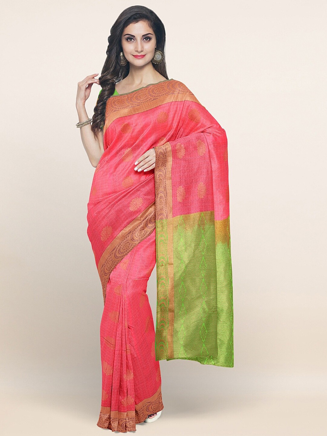 

Pothys Pink & Green Copper-Toned Ethnic Motifs Woven Design Saree