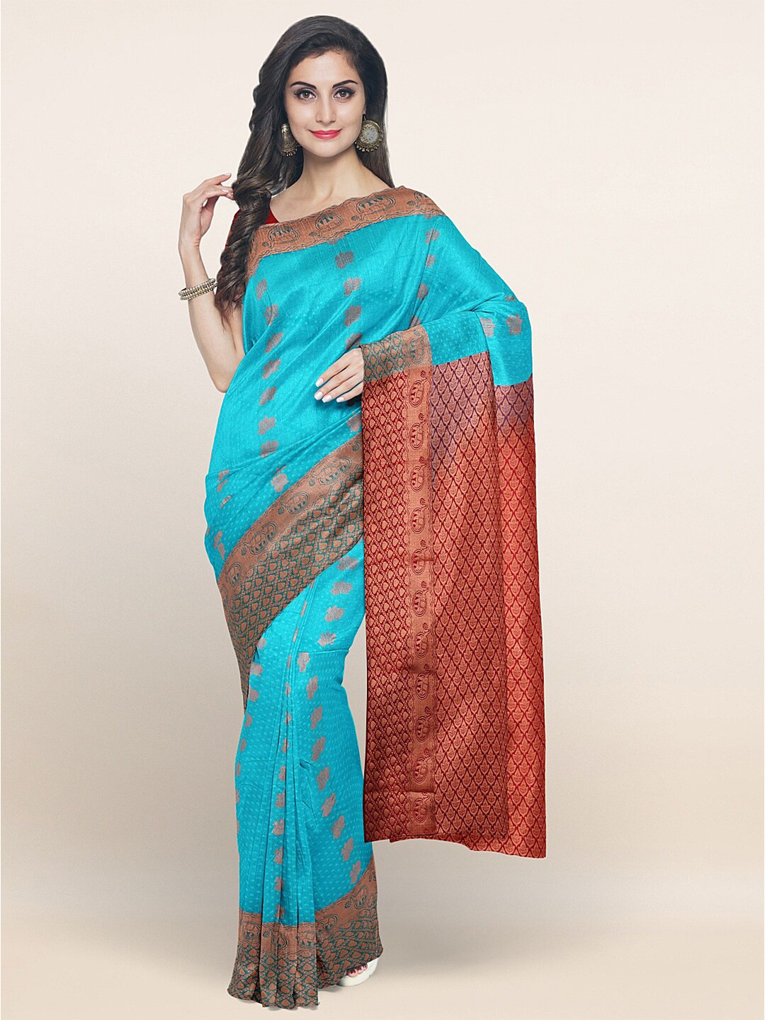 

Pothys Blue & Copper-Toned Ethnic Motifs Art Silk Saree