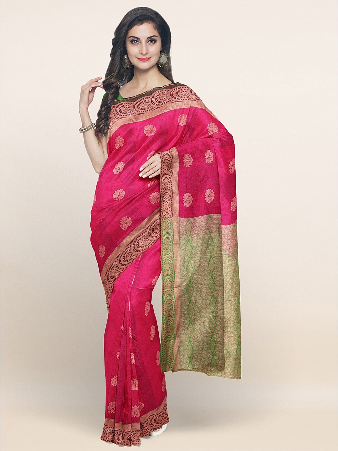 

Pothys Pink & Green Floral Zari Art Silk Saree