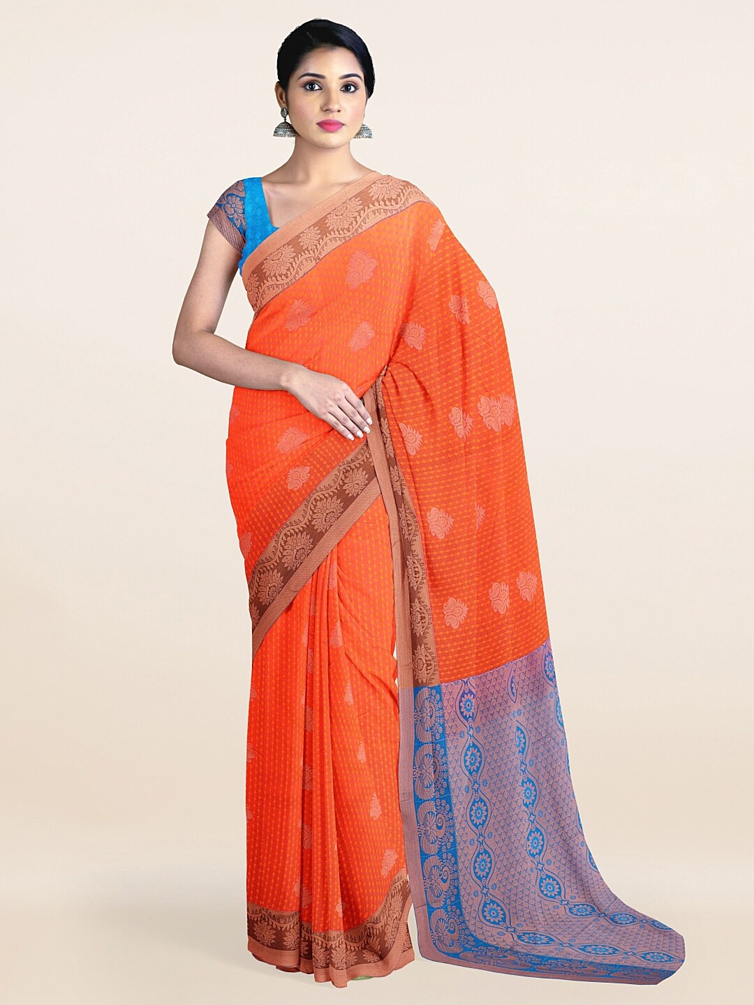 

Pothys Orange & Blue Woven Design Art Silk Saree