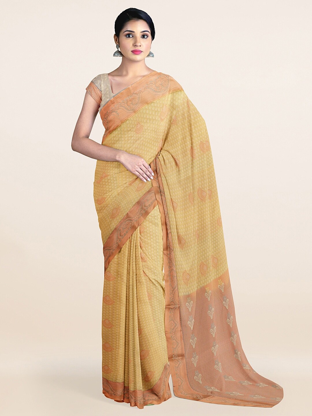 

Pothys Cream-Coloured & Gold-Toned Ethnic Motifs Art Silk Saree
