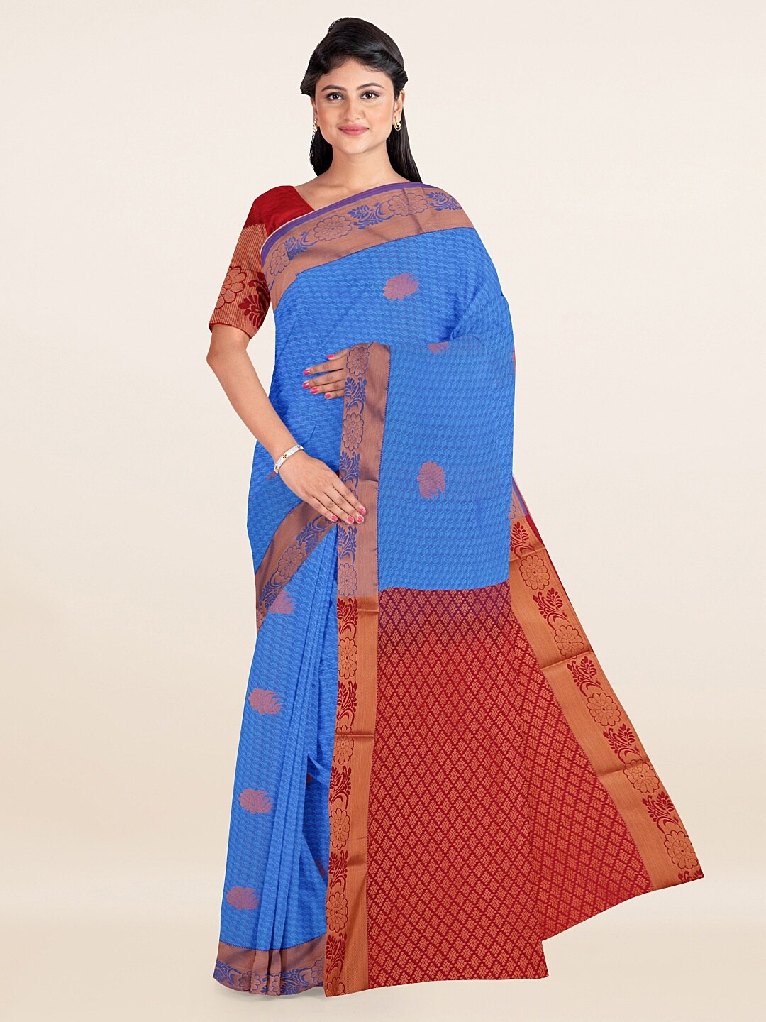 

Pothys Women Blue & Red Ethnic Motifs Woven Design Saree