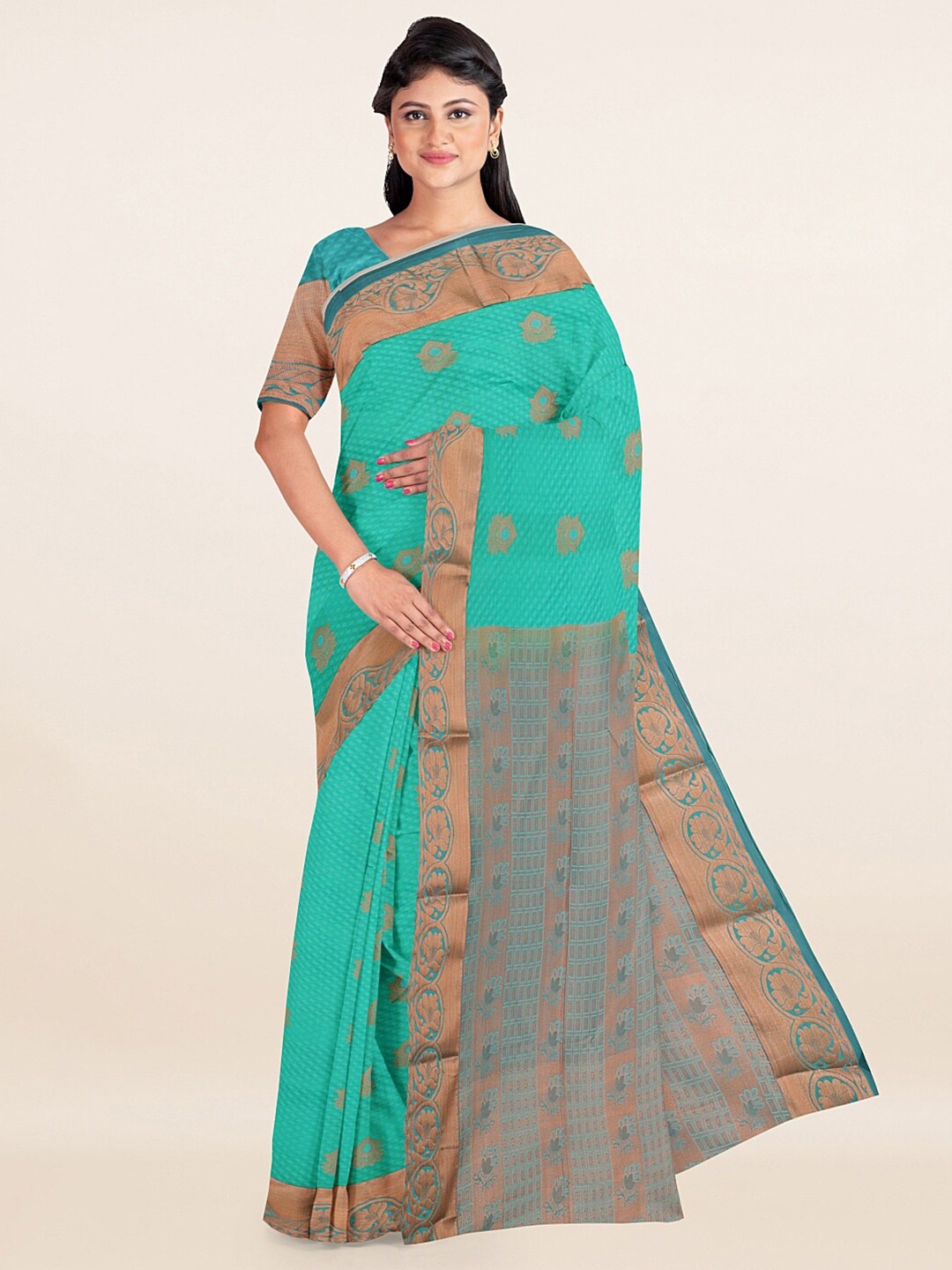 

Pothys Turquoise Blue & Copper-Toned Ethnic Motifs Zari Art Silk Saree