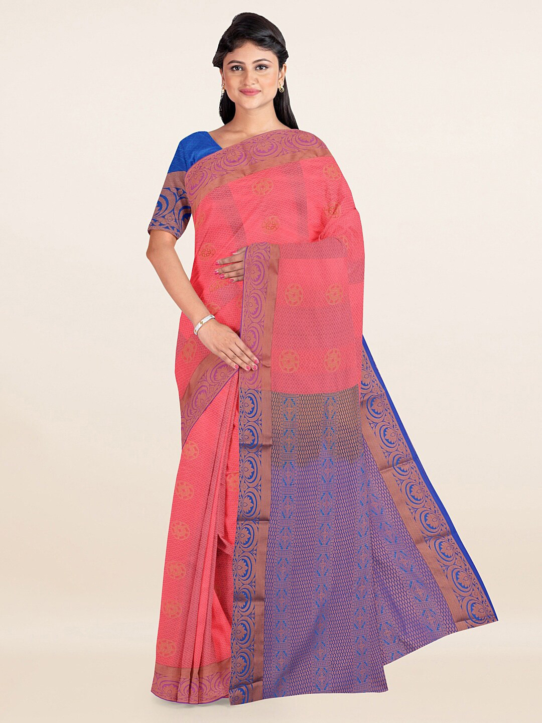 

Pothys Pink & Blue Ethnic Motifs Zari Art Silk Saree
