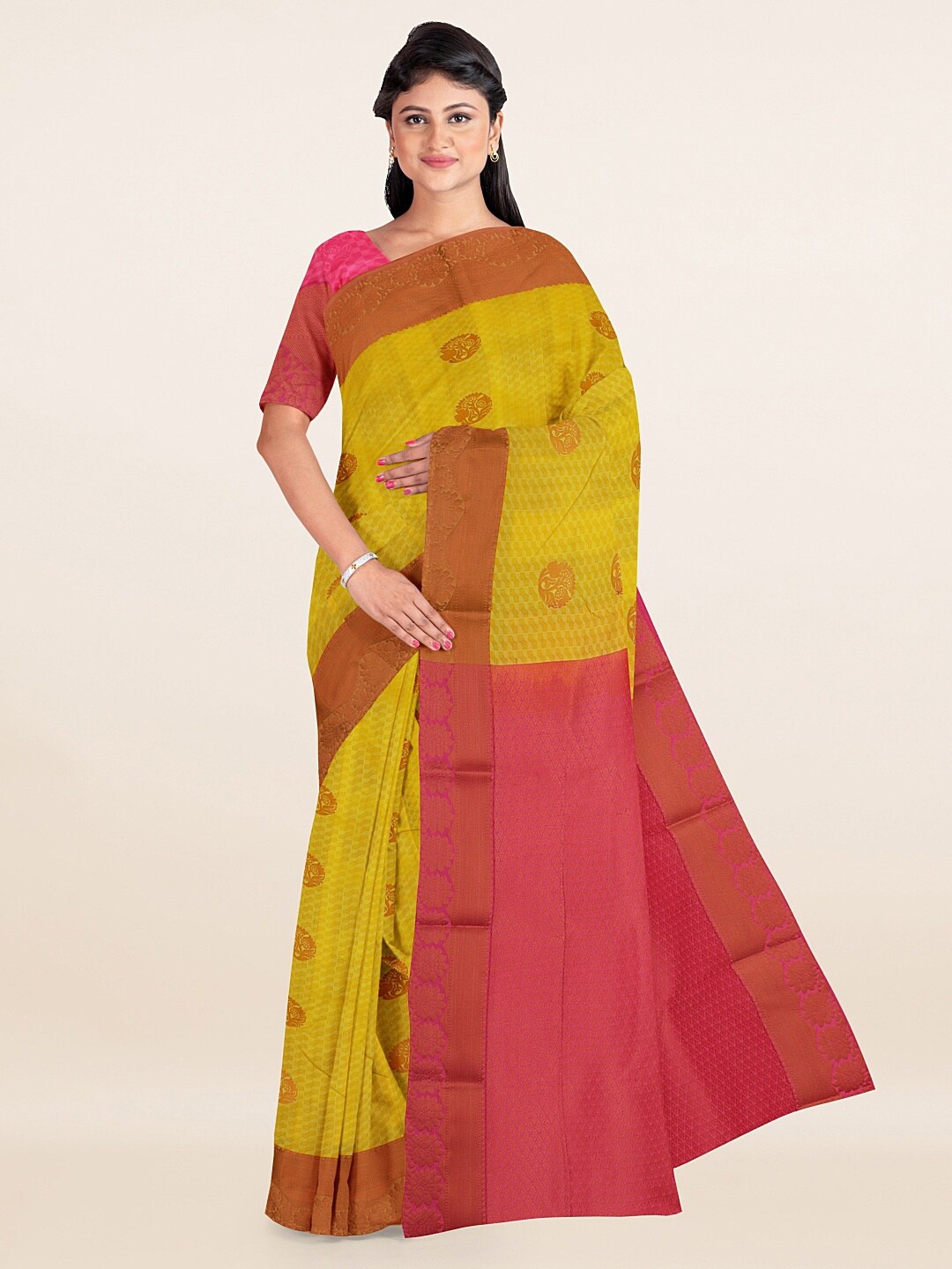 

Pothys Yellow & Magenta Floral Woven Design Saree