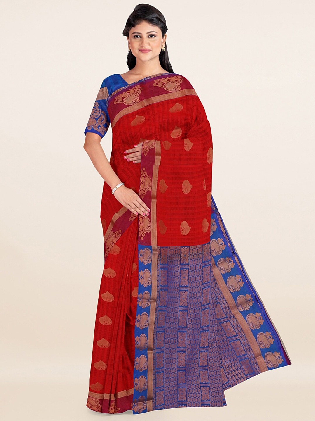 

Pothys Red & Blue Ethnic Motifs Art Silk Saree