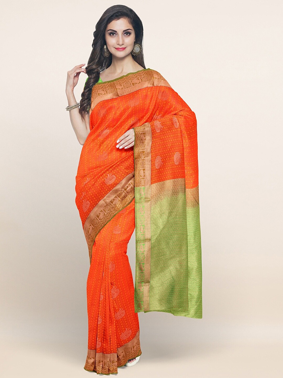 

Pothys Orange & Green Ethnic Motifs Zari Art Silk Saree