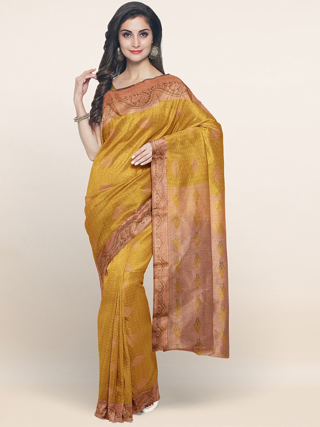 

Pothys Mustard Yellow & Brown Ethnic Motifs Zari Art Silk Saree
