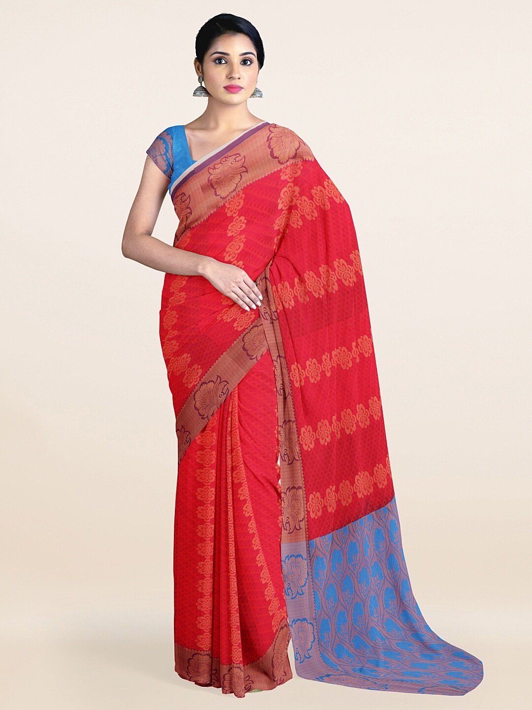 

Pothys Red & Copper-Toned Ethnic Motifs Art Silk Saree