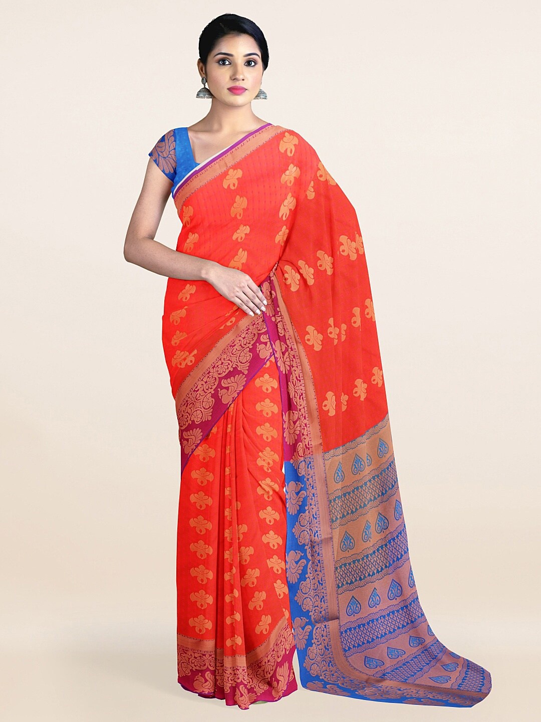 

Pothys Pink & Blue Ethnic Motifs Woven Design Saree