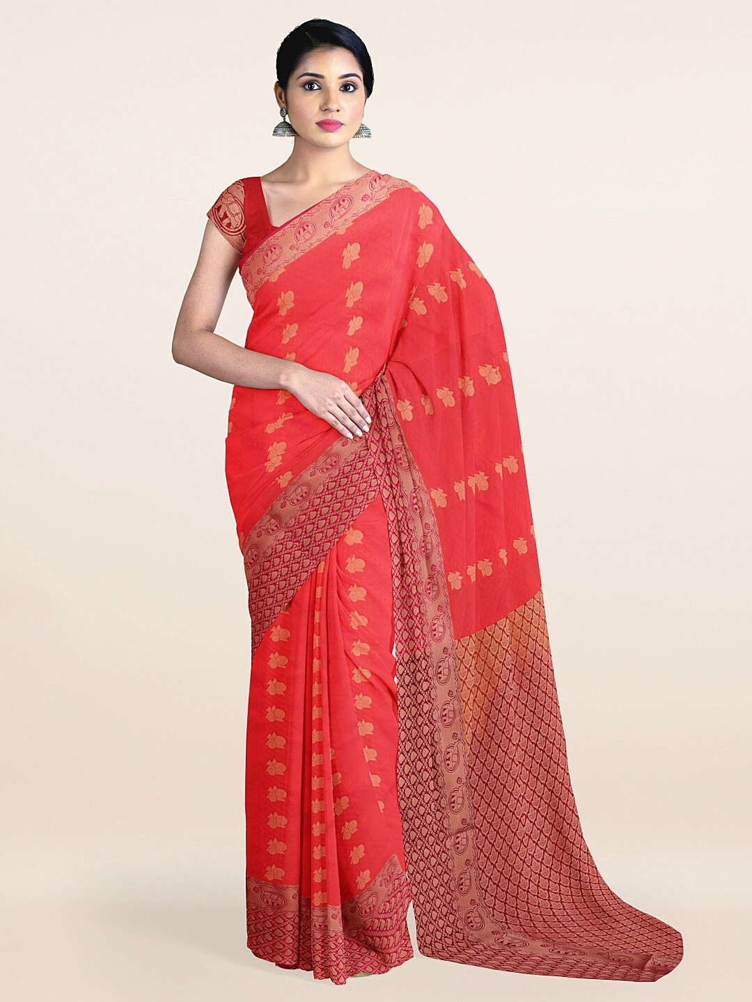 

Pothys Pink & Copper-Toned Ethnic Motifs Zari Art Silk Saree