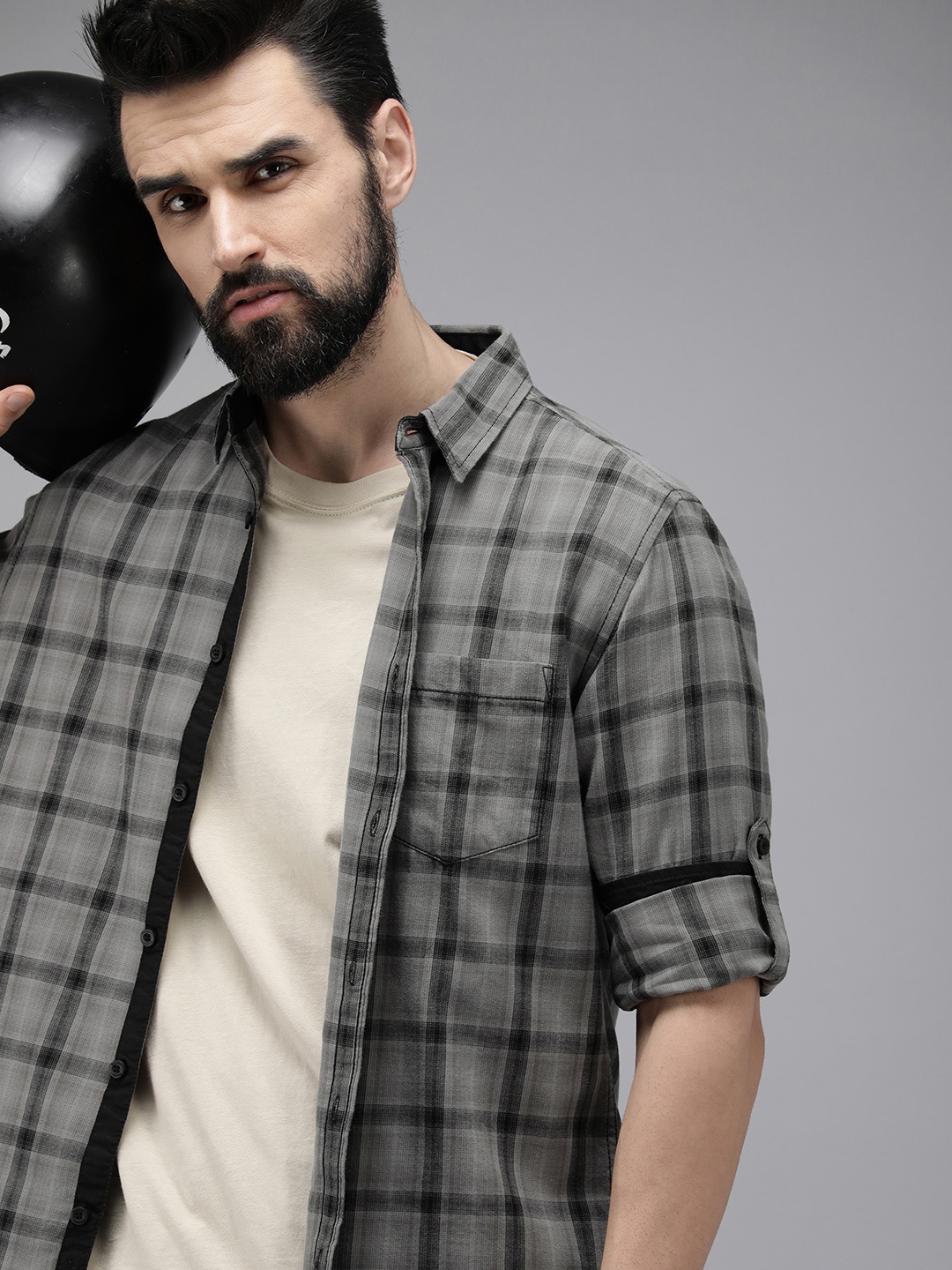 

The Roadster Lifestyle Co Men Grey And Black Windowpane Checked Pure Cotton Casual Shirt