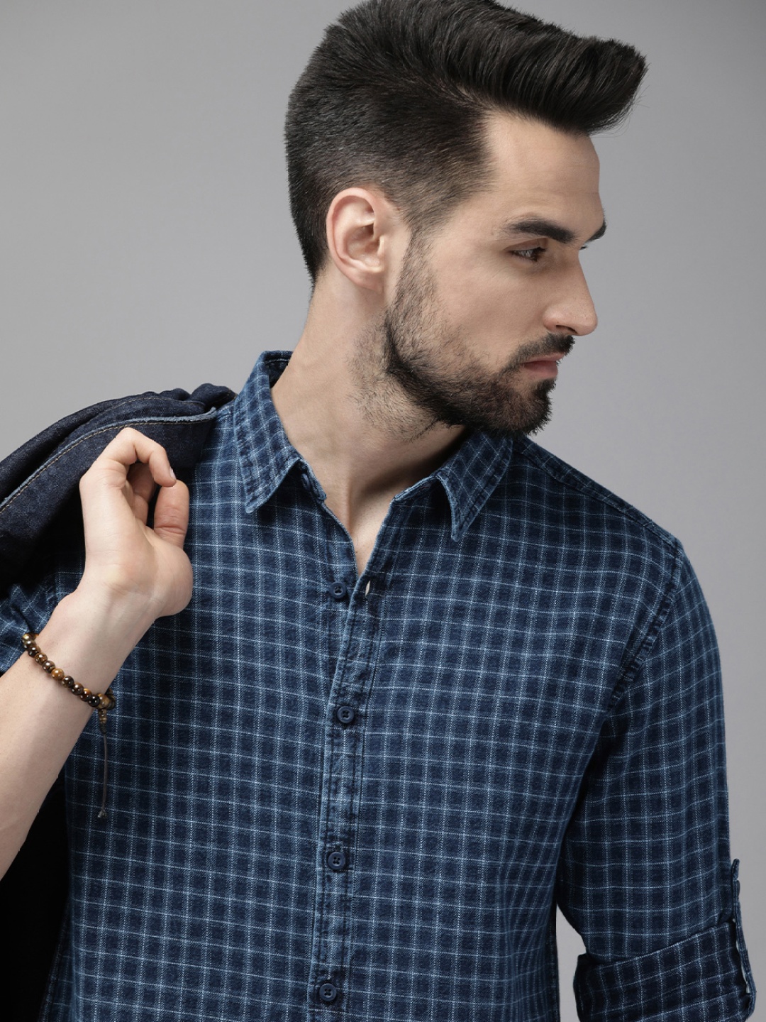 

Roadster Men Navy Blue Grid Tattersall Checks Pure Cotton Chambray Casual Shirt