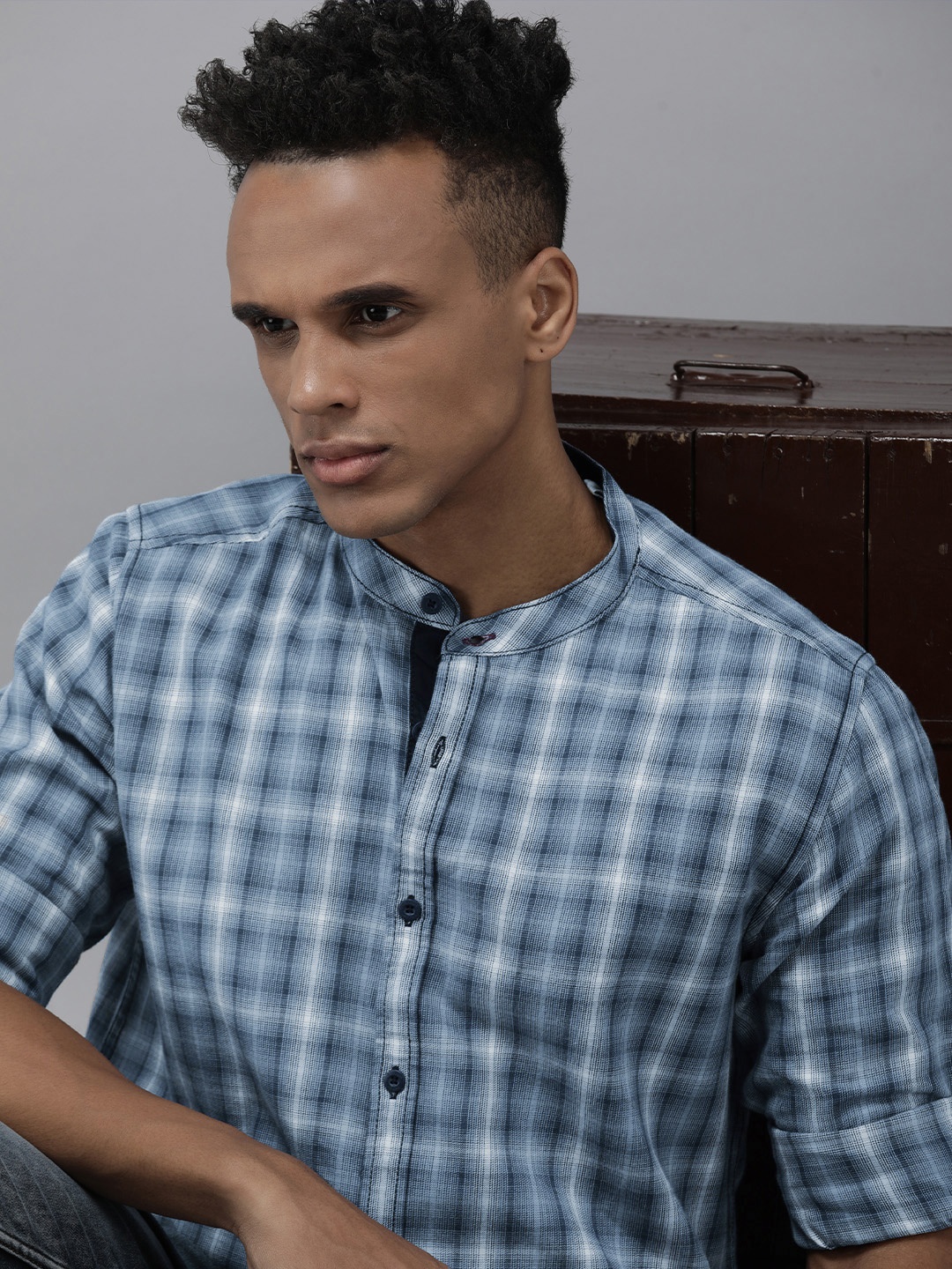 

The Roadster Lifestyle Co Men Blue & White Checked Pure Cotton Casual Shirt