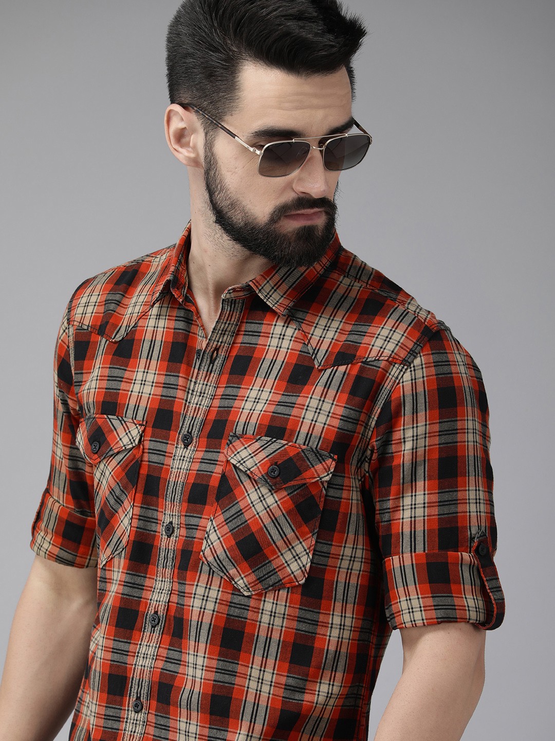 

The Roadster Lifestyle Co. Men Red & Brown Checked Pure Cotton Casual Shirt
