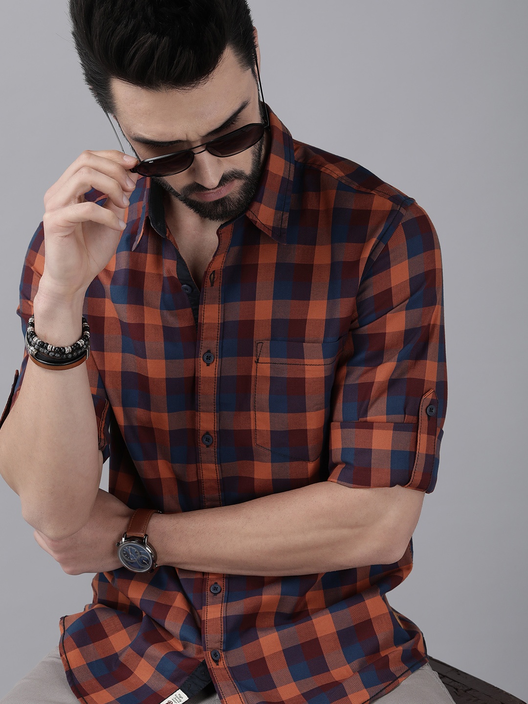 

Roadster Men Rust And Blue Buffalo Checked Pure Cotton Casual Shirt