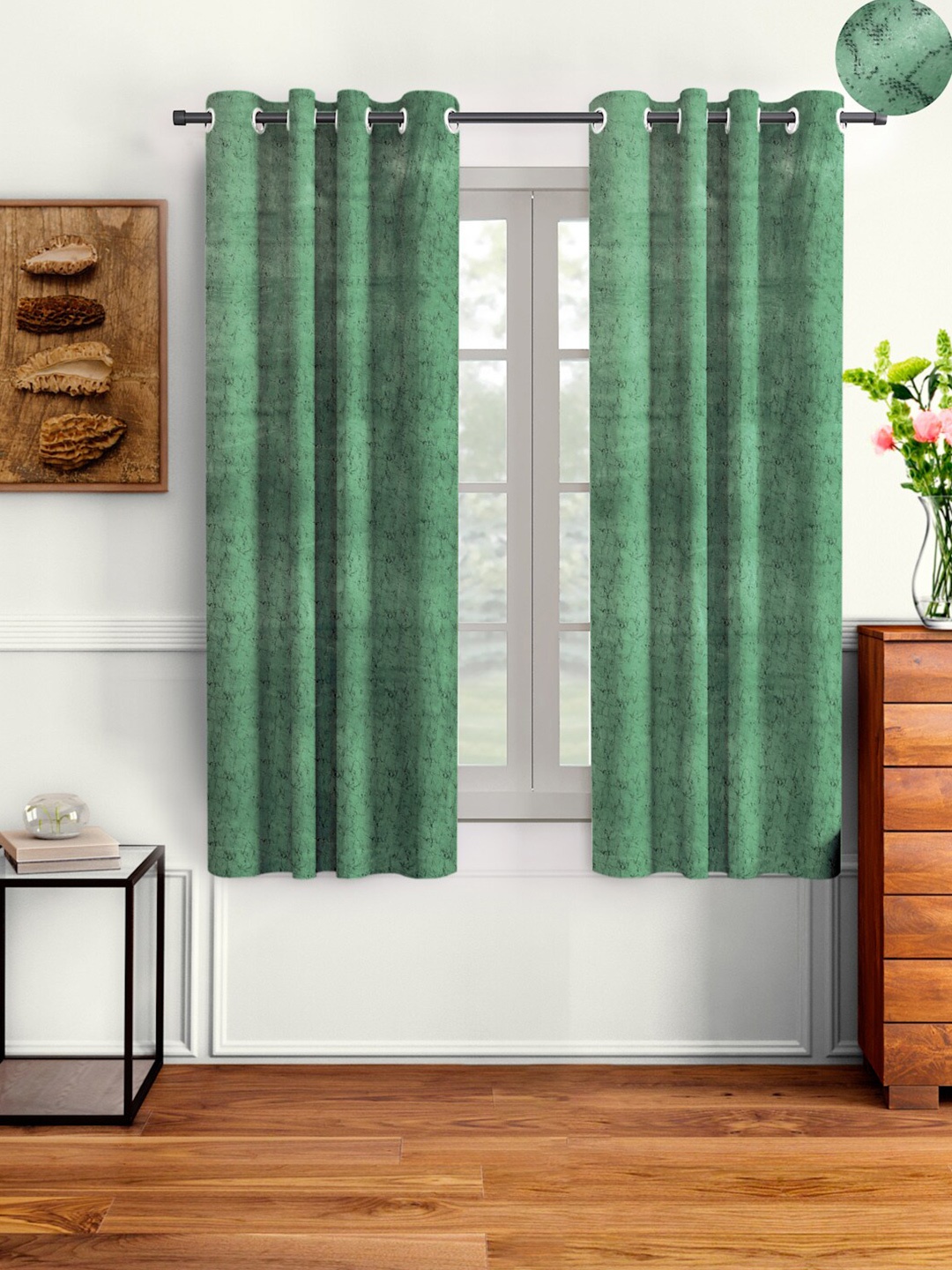 

Cortina Green Set of 2 Self Design Room Darkening Window Curtain