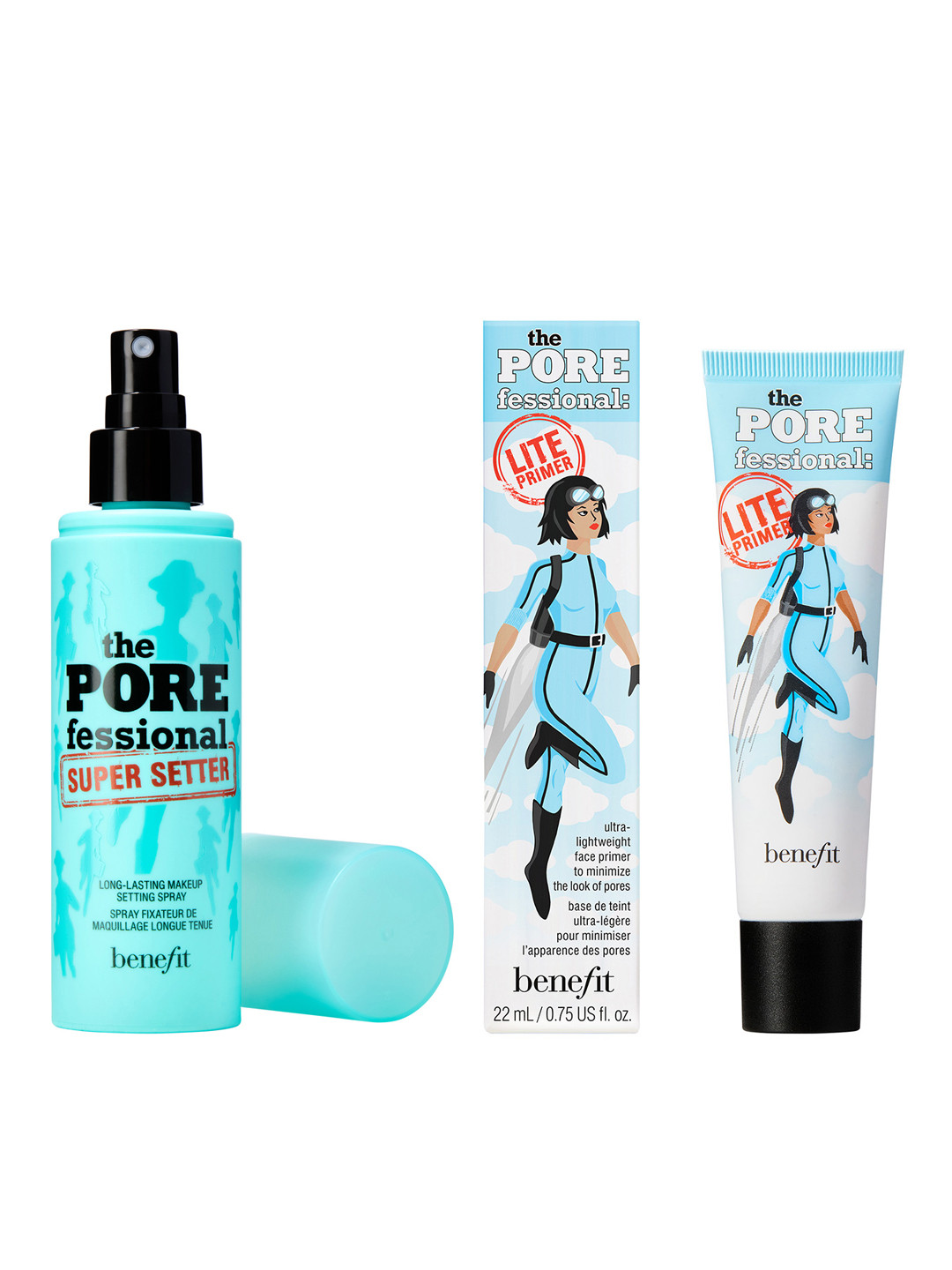

Benefit Cosmetics Set of POREfessional Super Setter Spray 120 ml & Lite Primer 22 ml, Blue