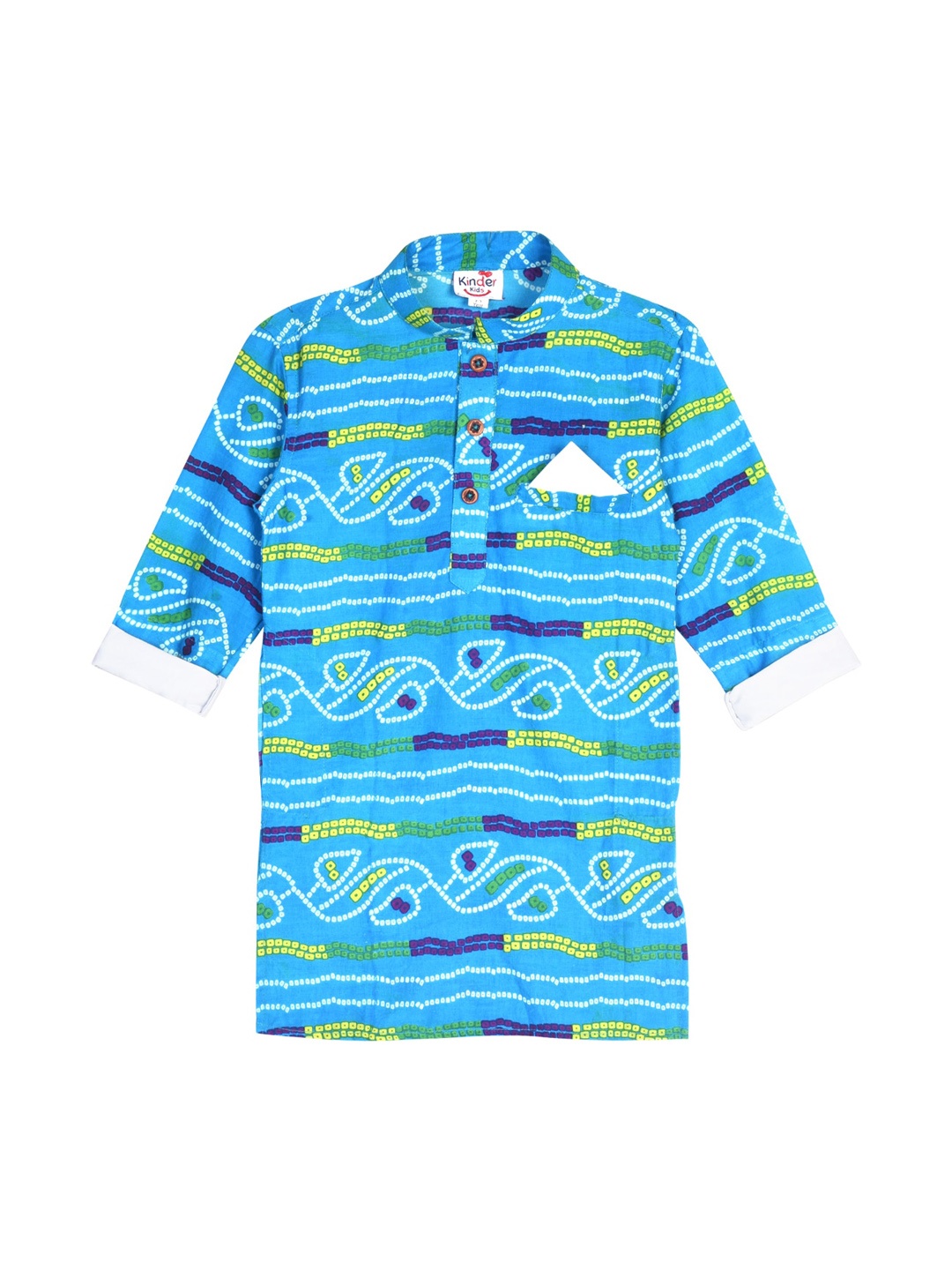

Kinder Kids Boys Blue Bandhani Printed Cotton Kurta