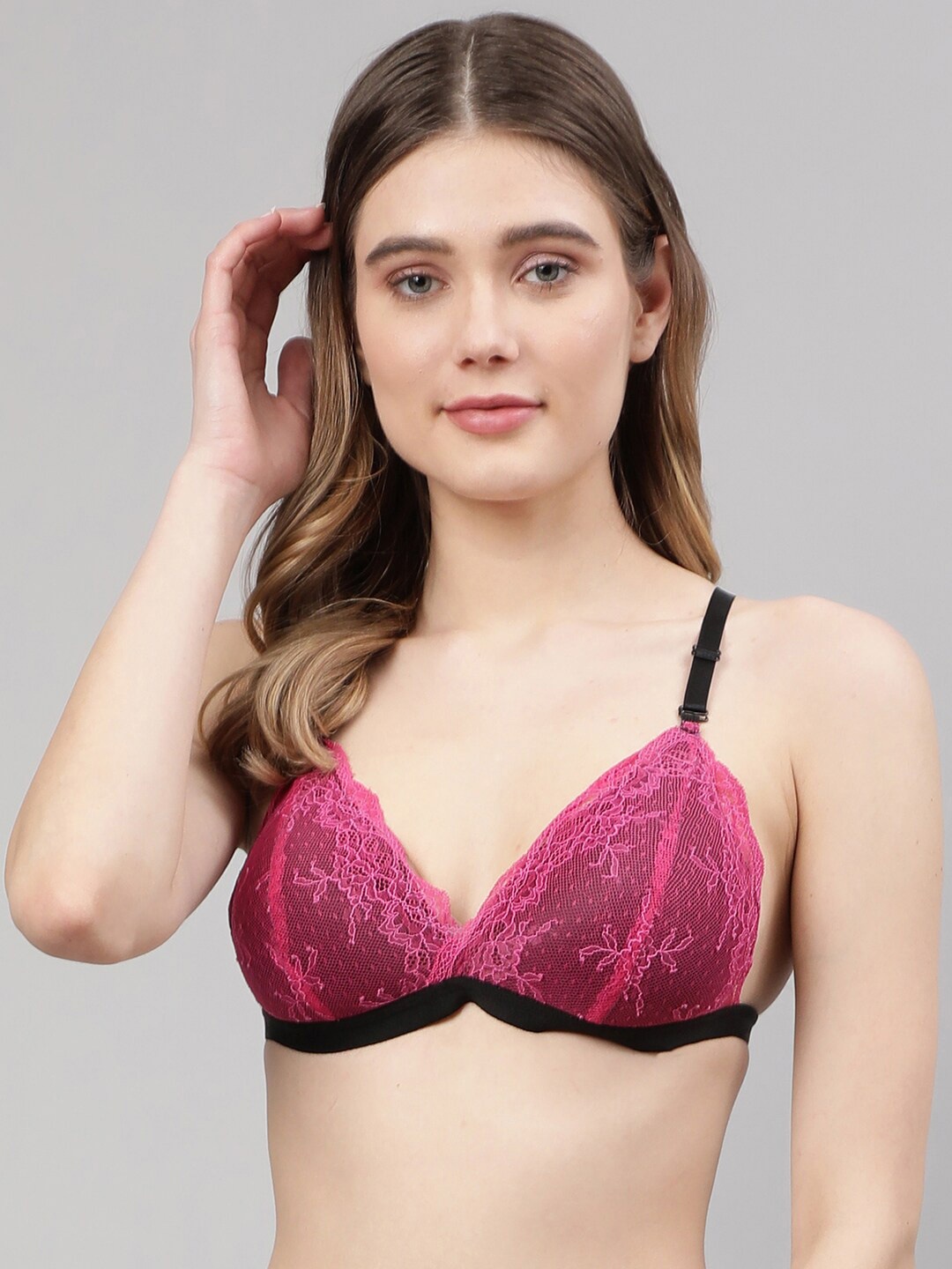 

PrettyCat Pink & Black Floral Lace Lightly Padded Bralette Bra