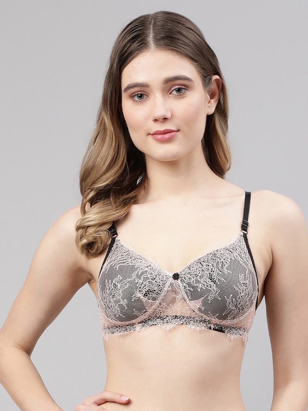 

PrettyCat Beige Floral Lace Bra - Lightly Padded