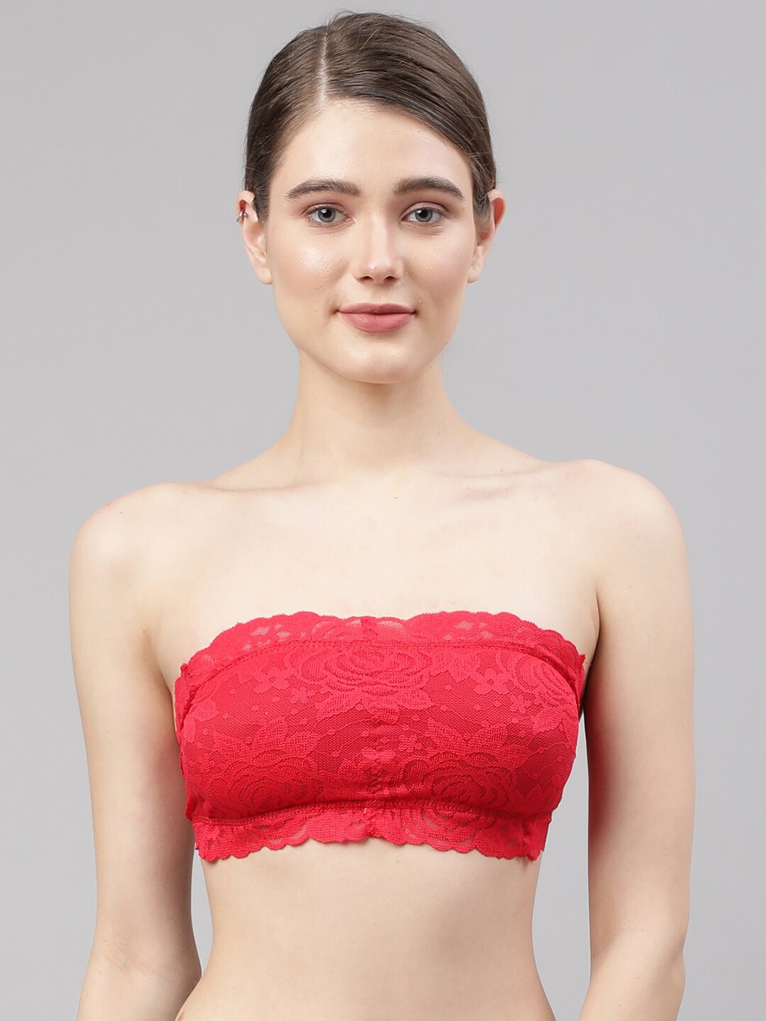 

PrettyCat Red Floral Non Wired Lightly Padded Bandaeu Bra