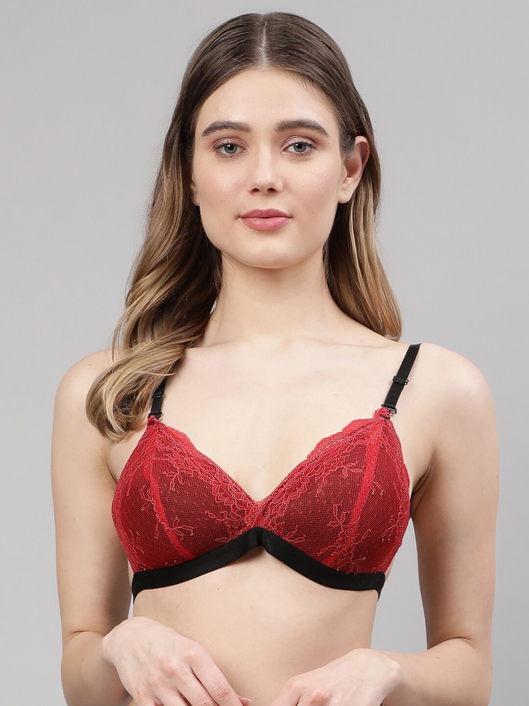 

PrettyCat Red & Black Floral Bralette Lightly Padded Non Wired Bra