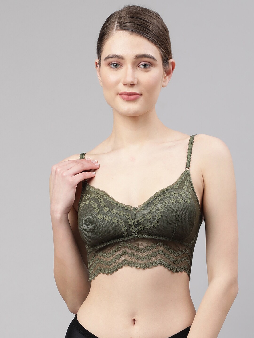 

PrettyCat Olive Green Floral Lightly Padded Lace Bralette Bra