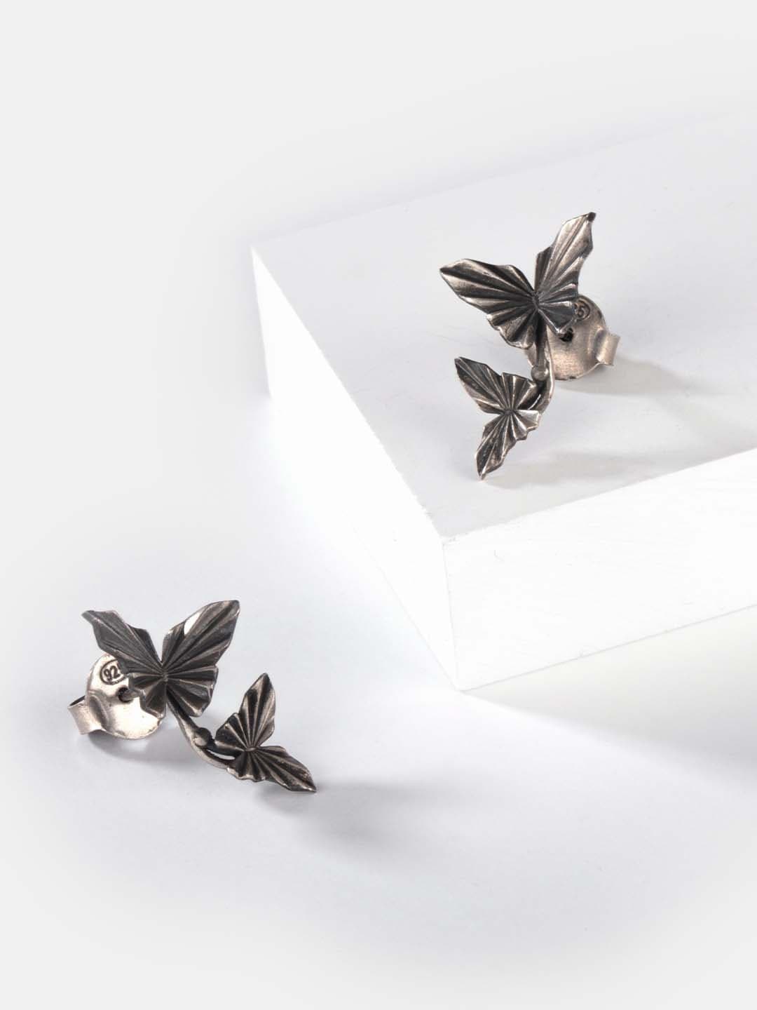 

SHAYA Silver-Toned Oxidised Butterfly Contemporary Studs Earrings