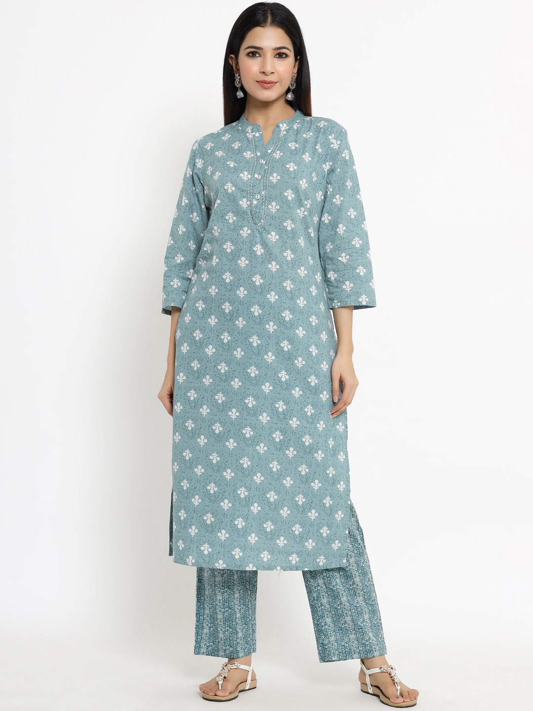 

The Kurta Express Women Blue Floral Printed Pure Cotton Kurta with Trousers