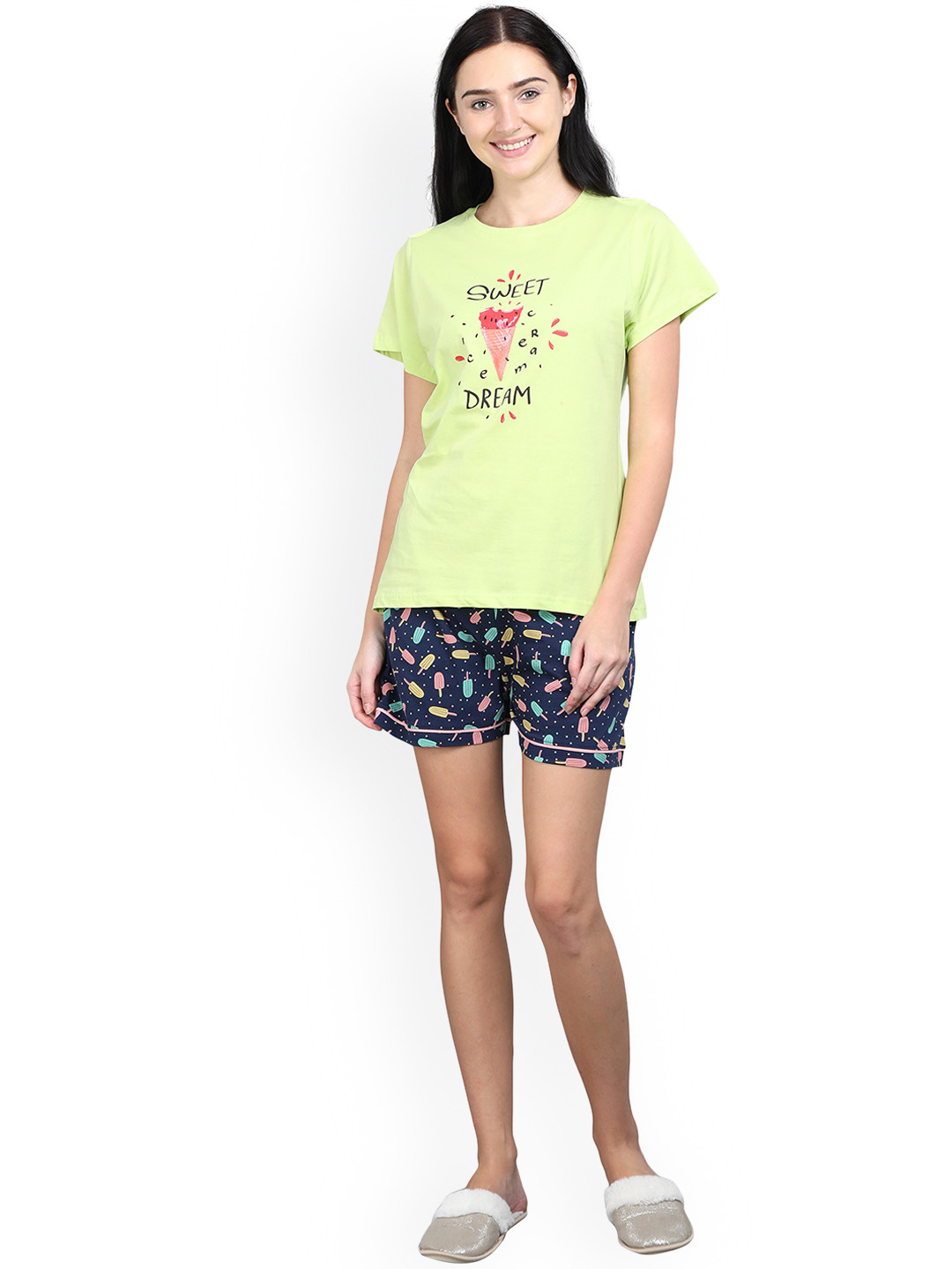

9shines Label Women Lime Green & Blue Printed Pure Cotton Night Suit