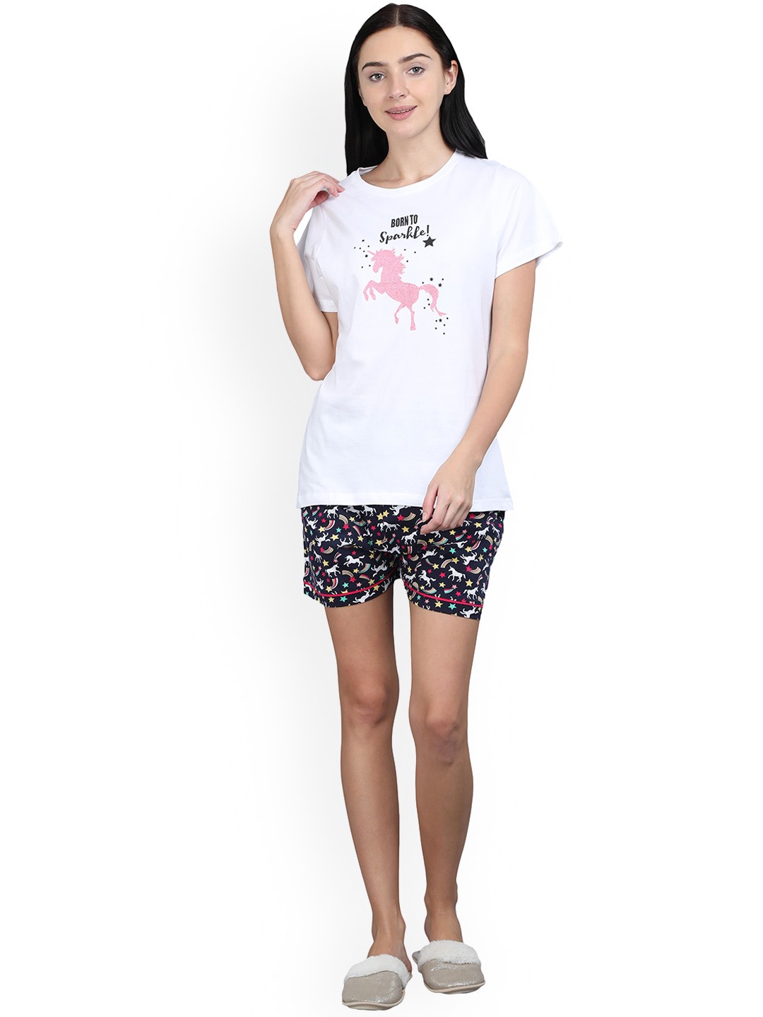 

9shines Label Women White Printed Pure Cotton Night suits