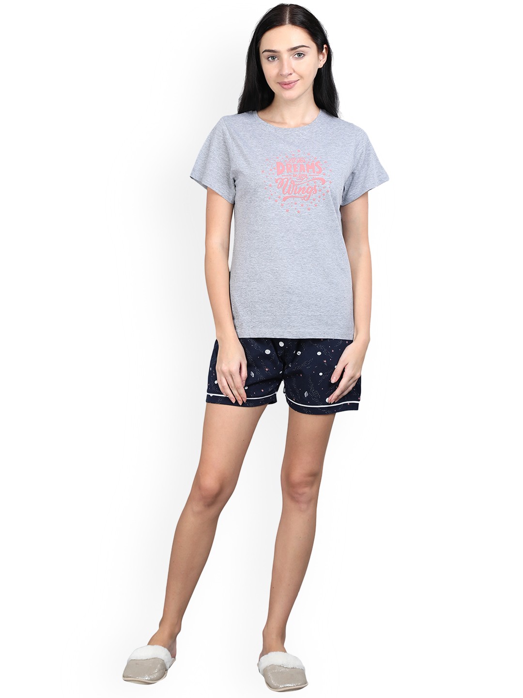 

9shines Label Women Grey & Navy Blue Printed Pure Cotton Night suit