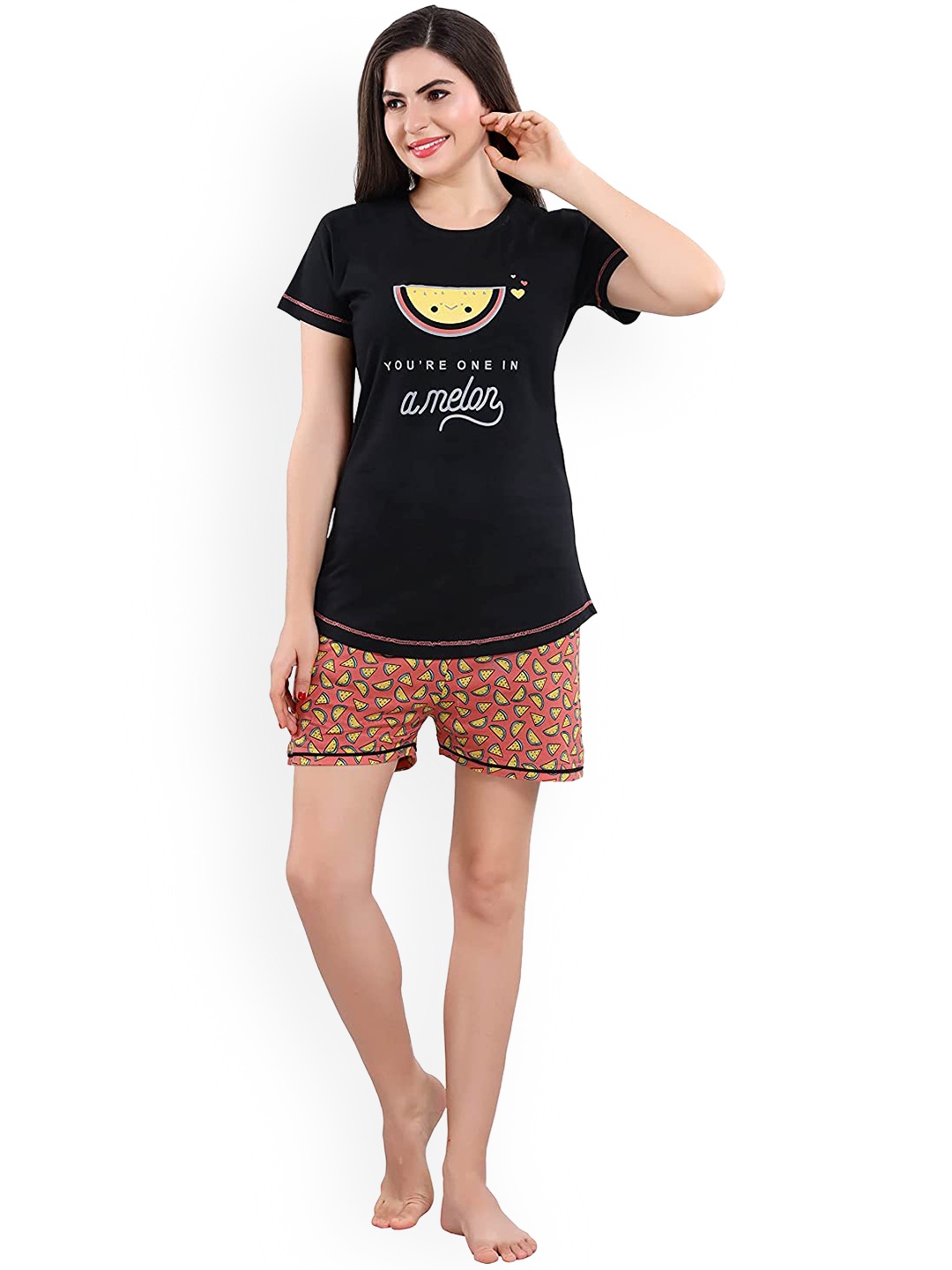 

9shines Label Women Yellow & Black Printed Cotton Night suit