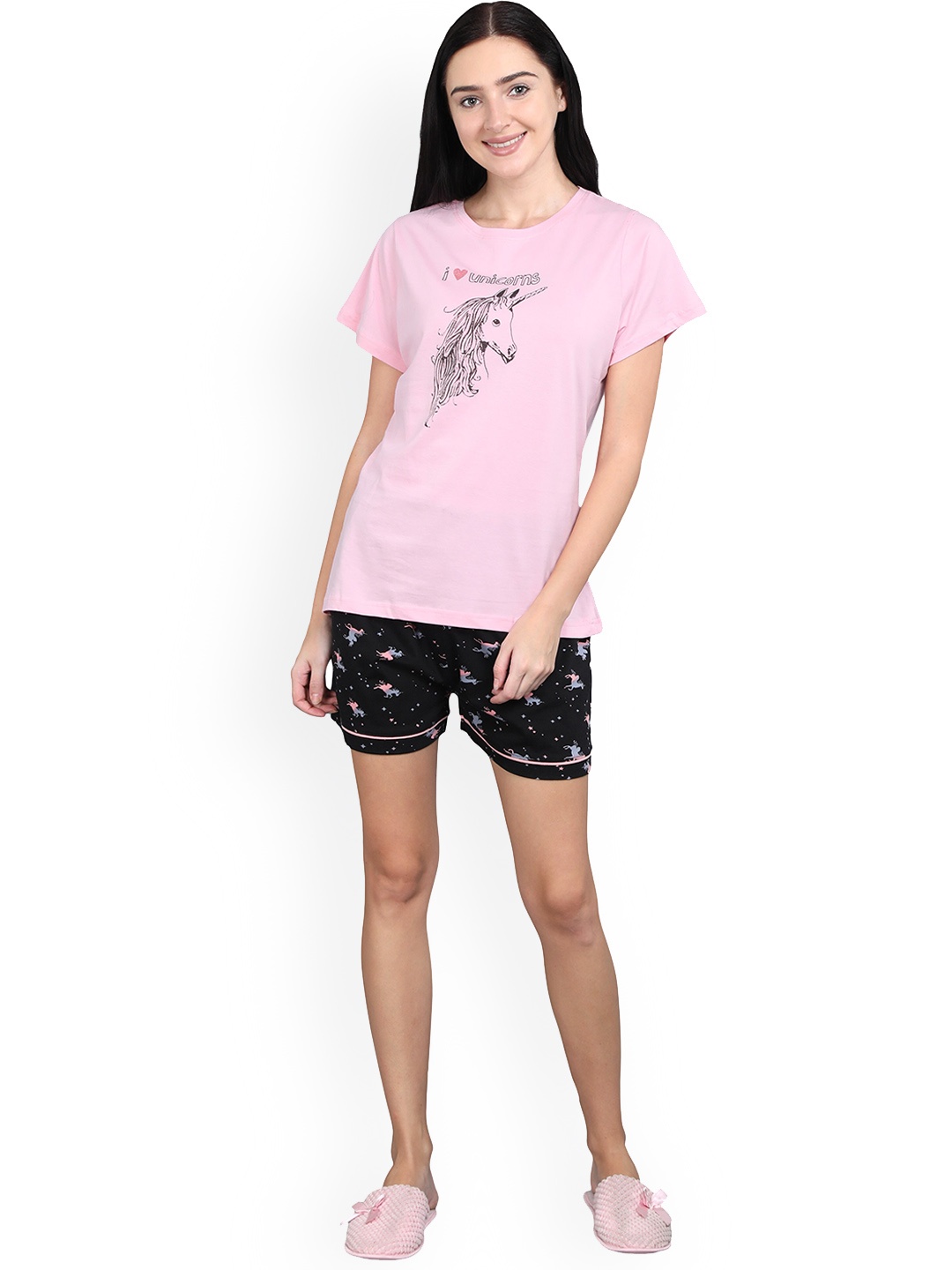 

9shines Label Women Pink & Black Printed Night Suit