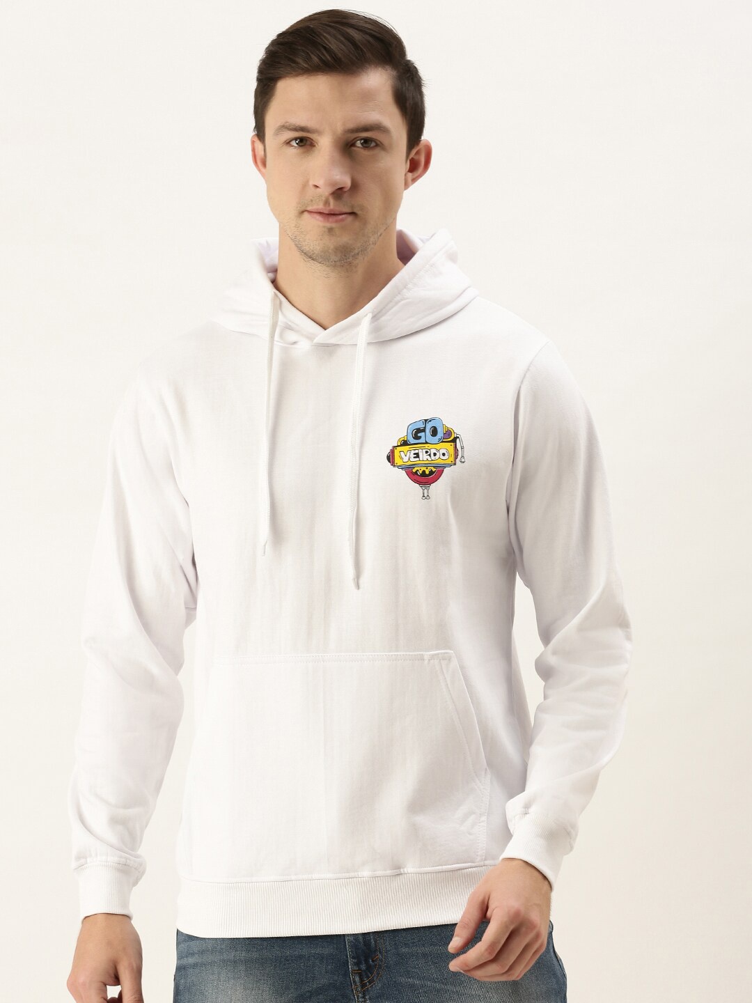 

VEIRDO Men White Brand Logo Printed Hooded Cotton Sweatshirt